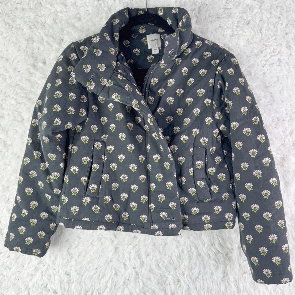 Maeve Womens XXS Daisy Print Puffer Jacket Collared Zip Up Black Pink Green - Picture 1 of 8